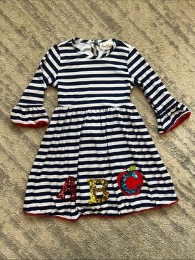 Rare Editions Striped Kids Dress with Sequin ABC and Apple